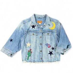 GUESS Cropped Frayed Denim Jacket S USA Cactus Patches‎ Boho Festival 90sRevival